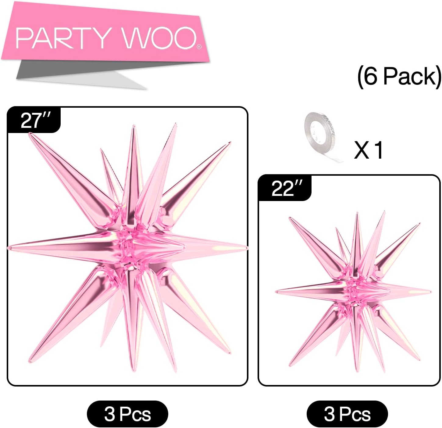 PartyWoo Pink Star Foil Balloons - 6 Different Sizes | 22-Inch Mylar Balloons for Birthday & Gender Reveal Decor