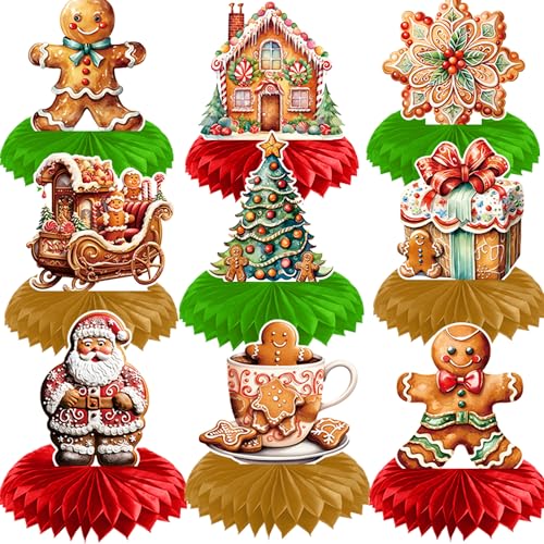 Christmas Gingerbread Honeycomb Centerpieces - 9 Pack Holiday Party Decorations
