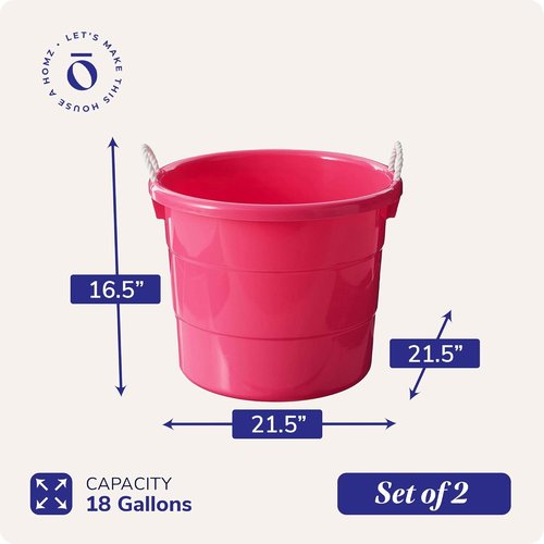 HOMZ 18 Gallon Utility Tub - Large Pink Plastic Storage Bucket with Rope Handles for Indoor & Outdoor Use
