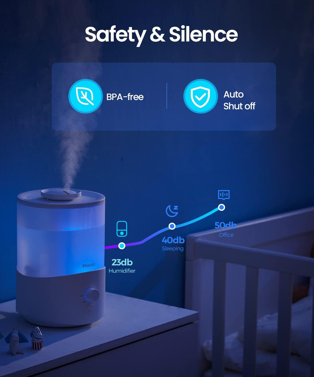Pharata Humidifier - 2.5L Cool Mist Essential Oil Diffuser for Large Rooms | Top Fill Design, Auto Shut-Off
