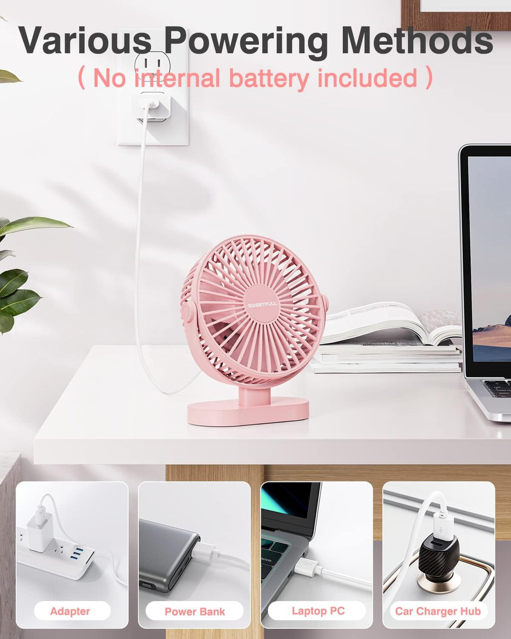 Sweetfull USB Desk Fan - 3-Speed Portable Mini Fan with 360° Rotation | Quiet Operation for Home & Travel (Pink)