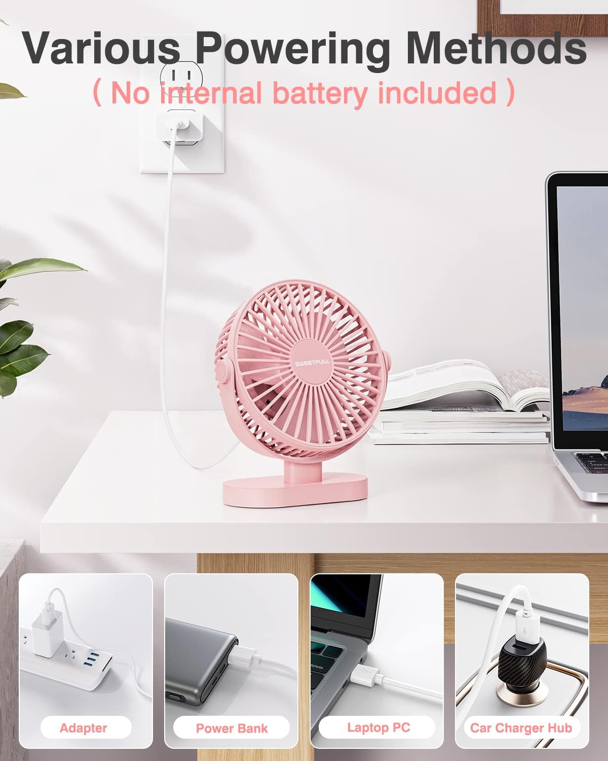 Sweetfull USB Desk Fan - 3-Speed Portable Mini Fan with 360° Rotation | Quiet Operation for Home & Travel (Pink)