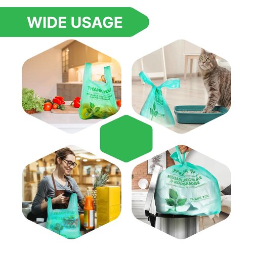 100 pcs Biodegradable Green Tshirt Plastic Bags for Small Business 22" x 12" Thank You Eco Friendly Reusable Grocery Bags with Handles for Restaurant Groceries Supermarket Supplies Retail Store