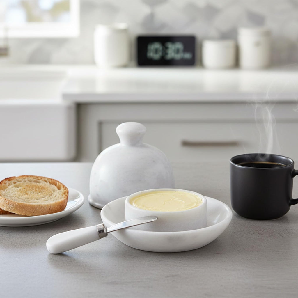 Radicaln Marble Butter Dish With Lid 6" Inches White Handmade Butter Storage Container, Ideal Butter Dish and Butter Crock For Counter With Water