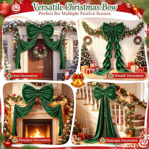 MODFUNS 75x23 Inch Dark Green Velvet Bow Christmas Tree Topper with Ribbon - Oversized Holiday Decoration