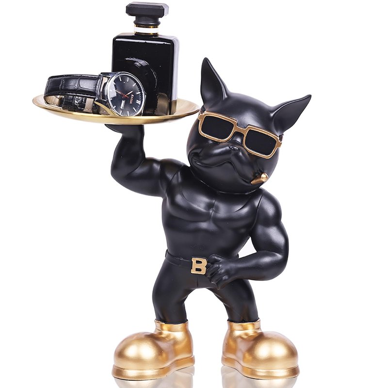 YUNSHID 13in Resin Muscle French Bulldog Statue with 2 Trays, Multi-Functional Bulldog Storage for Key Candy Jewelry, Black Dog Statue for Modern Home Decor