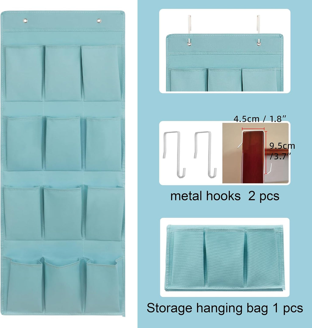 Skiennix Over The Door Shoe Organizer - 12 Large Pocket Hanging Rack for Closet Storage | Light Blue