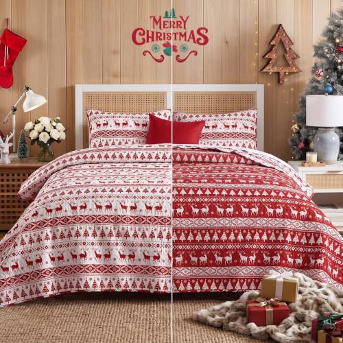 CAROMIO Queen Size Christmas Quilt Set 90x96 White/Red Holiday Bedding