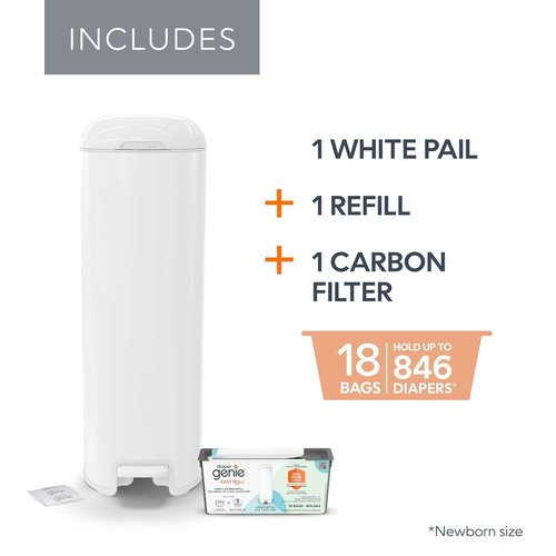 Diaper Genie Platinum Pail - Durable Stainless Steel | Includes 1 Easy Roll Refill & 18 Bags (Lily White)