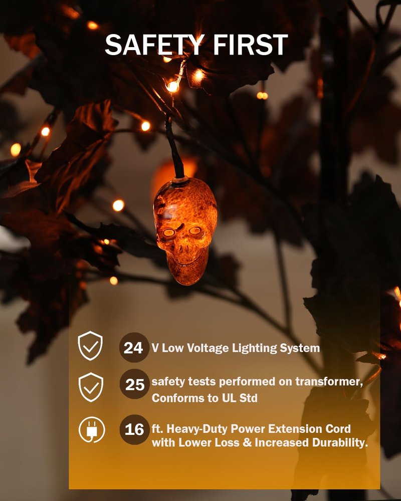 TYBEEU 6ft Black Maple Halloween Tree with LED Skull Lights & Spiders, 160 Bulbs, Dimmable Timer, 16ft Cord, Indoor & Outdoor Decor