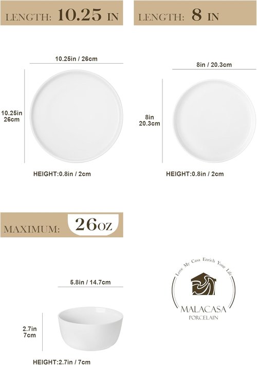 MALACASA 24-Piece Gourmet Porcelain Dinnerware Set - Premium Chip & Scratch Resistant Dishes for 8 | White LEXI Series