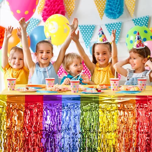 Rainbow Metallic Foil Fringe Table Skirt - 2 Pack Wavy Tinsel Party Decor
