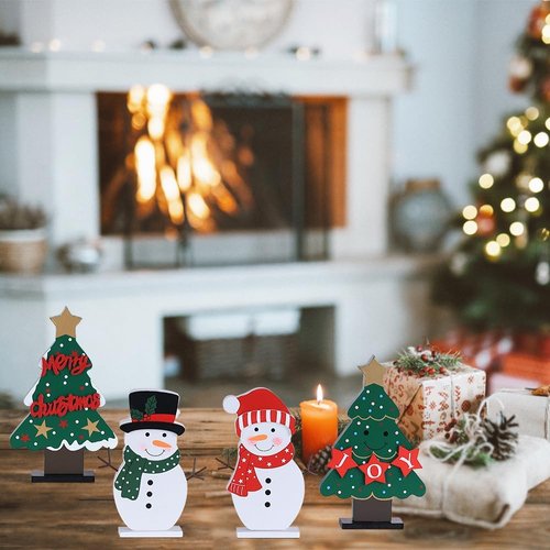 DECSPAS Christmas Decorations - 4 PCS Wooden Christmas Trees & Snowmen for Festive Table Centerpieces