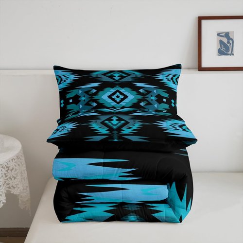 Feelyou Blue Black Southwestern Comforter Set,Tribal Native American Indian Bedding Set Twin Size,Boys Girls Bedroom Room Decor,Exotic Style Comforter,Farmhouse Western Bed Set