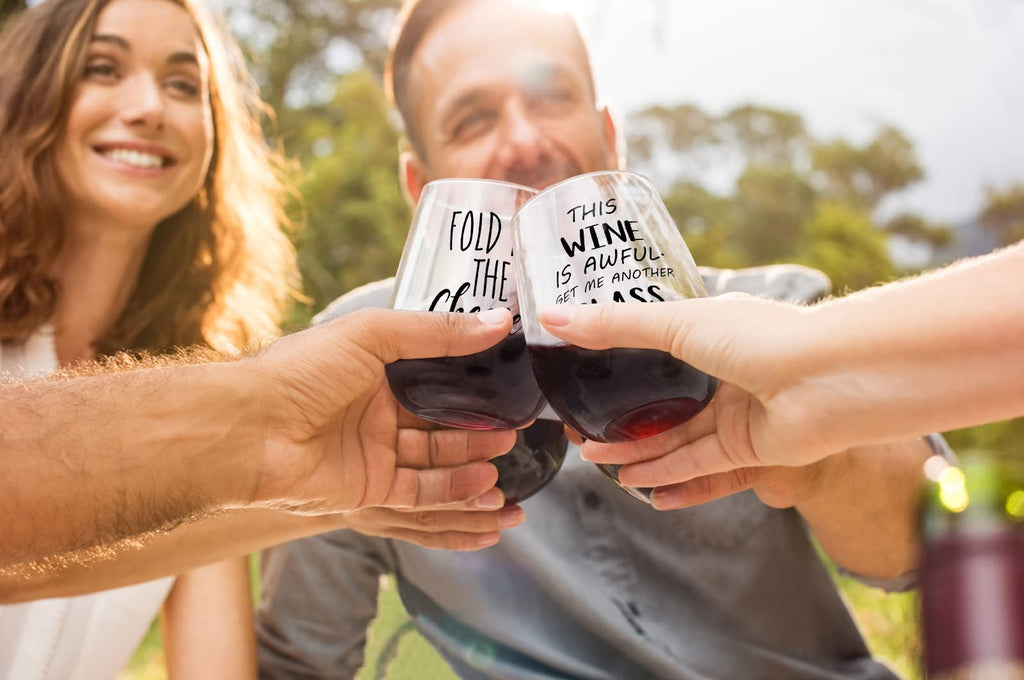 Funny Stemless Wine Glasses Set of 4 - SC Merchandise, Unique Housewarming Gifts for New Home Women Men, Kitchen Christmas Bar Decor, 15 oz