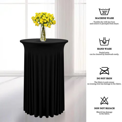 2 Packs Round Cocktail Table Skirt 24"x 43" Spandex Stretch Cocktail Tablecloth with Wavy Drapes, Black Spandex Fitted High Top Table Covers for Wedding Bar Party Birthday Banquet Table