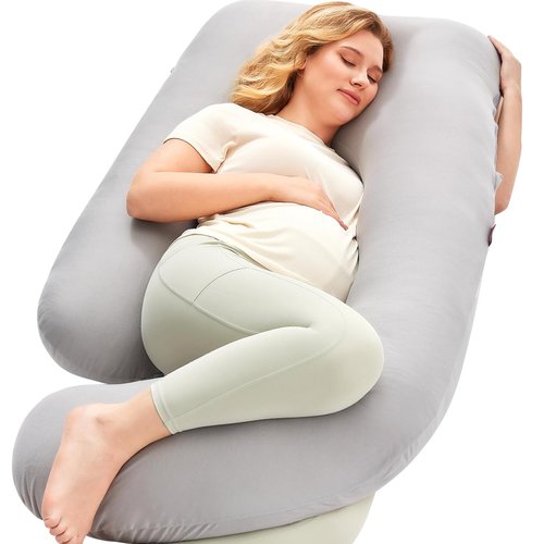 Momcozy U-Shaped Pregnancy Pillow - Full Body Support for Expecting Moms | 57-Inch Grey Jersey Cover