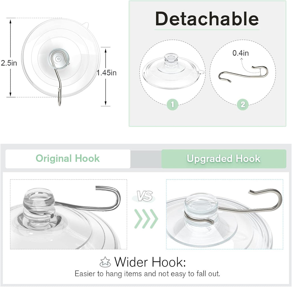 VIS'V Suction Cup Hooks - 2.5 Inch Large Clear Suction Cups with Metal Hooks | Removable & Reusable, 10 Pcs