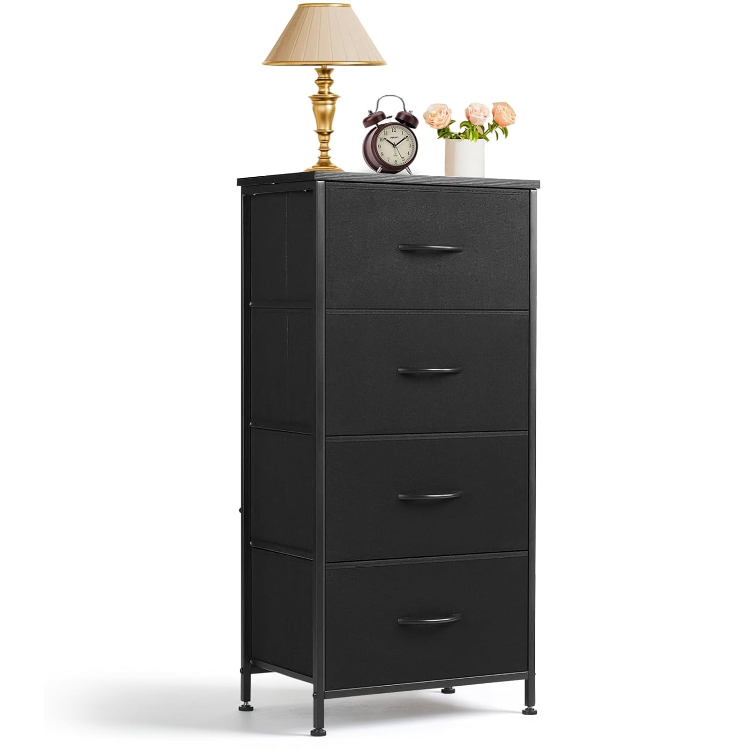 Regine Switzerland 4-Drawer Nightstand - Stylish Bedside Table with Wooden Top & Fabric Bins | Black