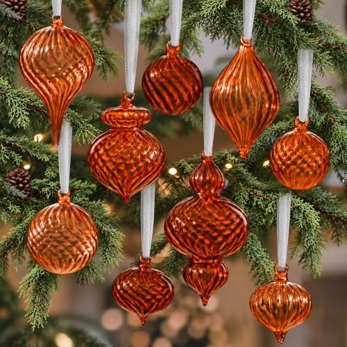 OuMuaMua Warm Amber Glass Christmas Ornaments, 9-Pc Set, 2.8-6.3in