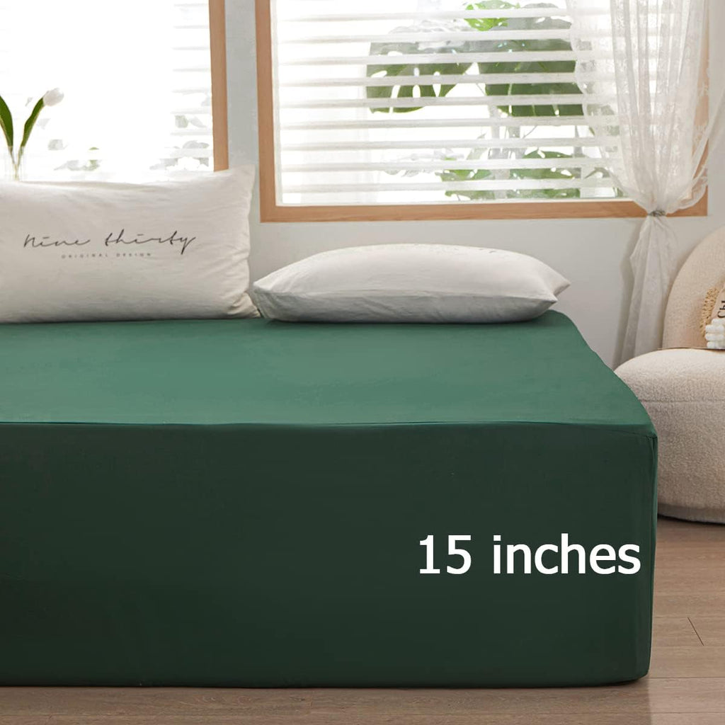 Skiennix Queen Size Fitted Sheet - Soft Microfiber, 15-Inch Deep Pocket, Dark Green | Fade Resistant & Easy Care