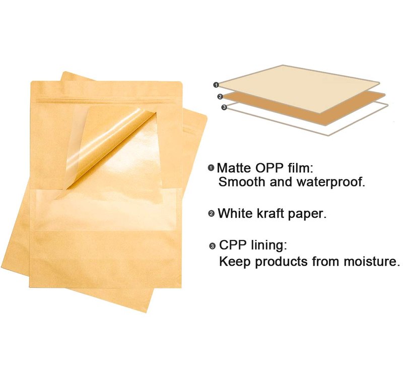 IDEALUX Stand Up Kraft Pouch Bags,Reusable Zip Lock Sealing and Notch Matte Transparent Window Bags, Resealable Zip Lock Food Storage Bag,9.5 x 5.5 + 2.36 Inches, Pack of 50