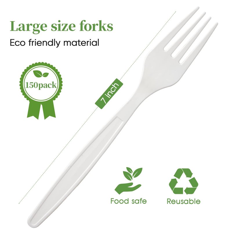 ECOLipak 100% Compostable Forks 150 Pack, 7 Inch Large Size Biodegradable Disposable Cutlery Forks, Heavy Duty Bio based CPLA Utensils for Party, BBQ, Picnic