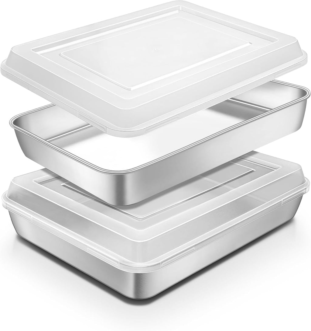 Regine Switzerland Stainless Steel Baking Pan - Deep Rectangle Cake Pan with Lid, 12⅓ x 9¾ x 2 Inch, Heavy Duty & Oven Safe (2 Pans + 2 Lids)