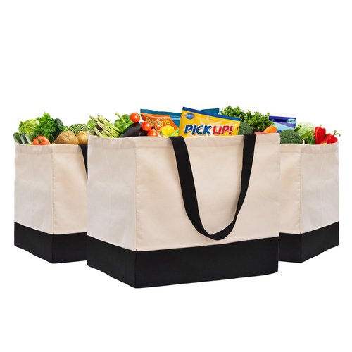 3 Pack Canvas Reusable Grocery Bags Heavy Duty, 8.3 gal Foldable Large Canvas Tote Bag with Handles, Holds 60 lbs Canvas Shopping Bags & Washable Eco-friendly Bags with 5 Pockets, Off white Black
