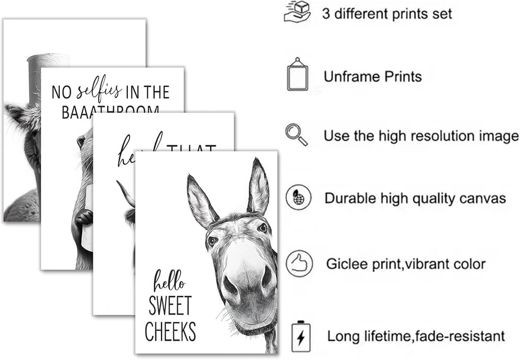 Regine Switzerland Funny Bathroom Wall Art - Rustic Black and White Animal Prints | Unframed 8x10" Set of 4