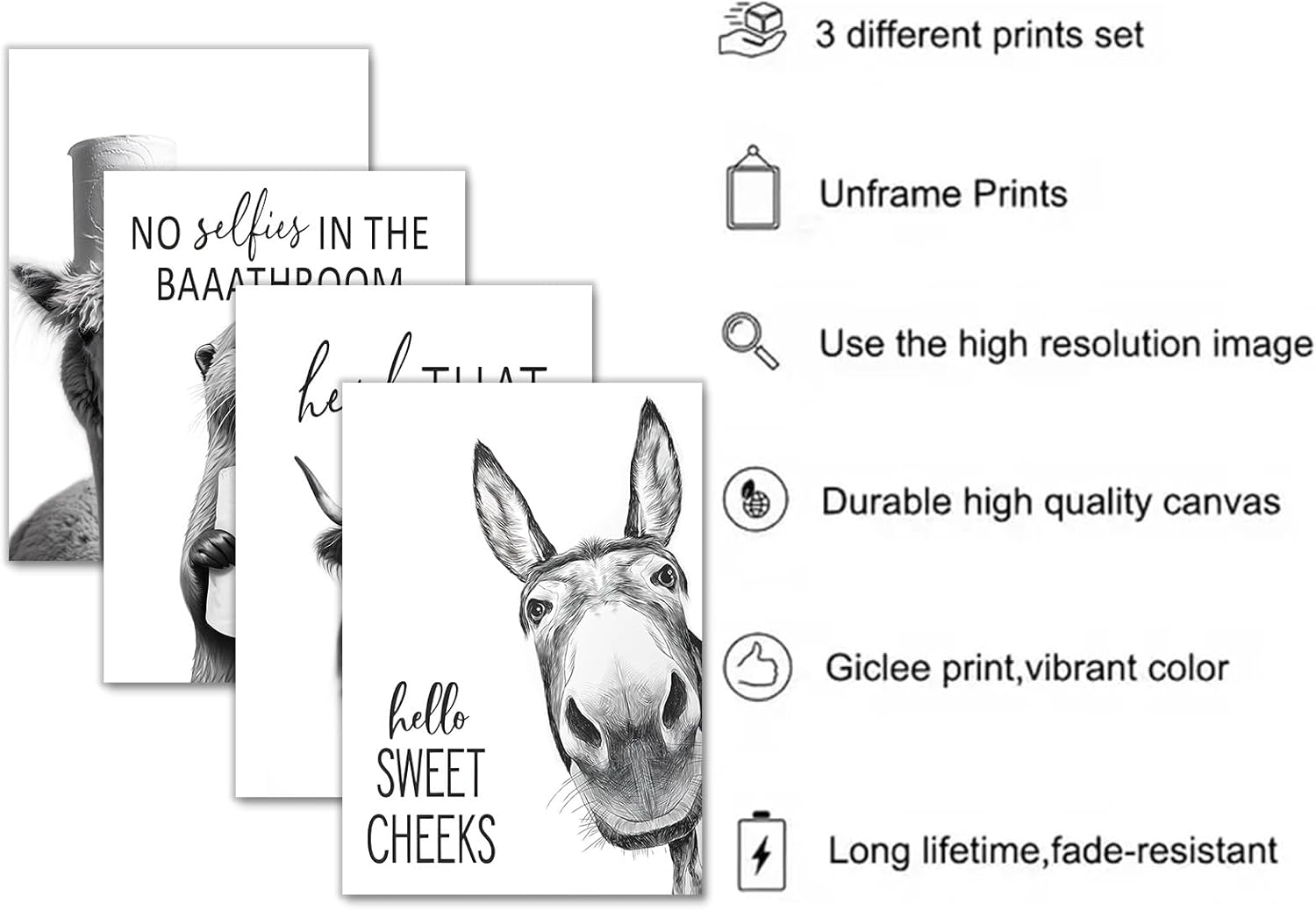 Regine Switzerland Funny Bathroom Wall Art - Rustic Black and White Animal Prints | Unframed 8x10" Set of 4