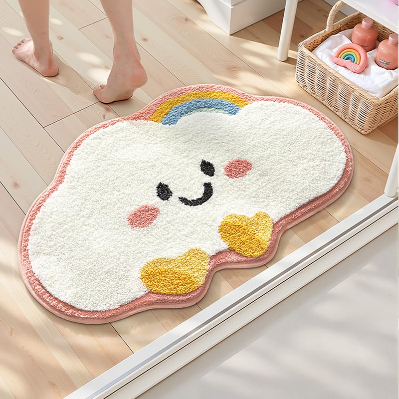 Cloud Shaped Smile Face Bath Mat - Soft Absorbent Non-Slip Rug for Kids Room