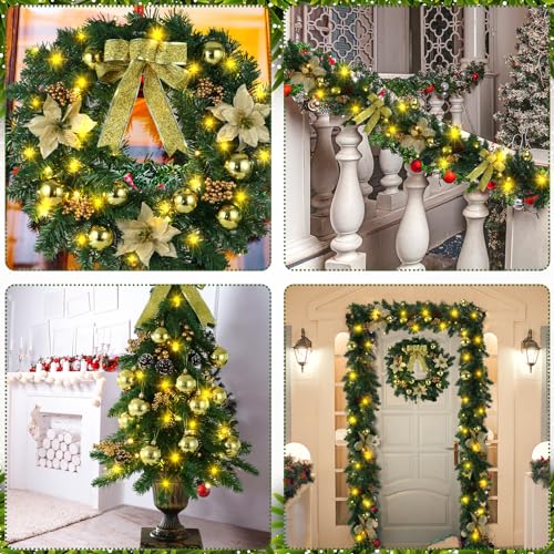 Pre Lit Christmas Garland and Wreath Set - Gold Holiday Decor, Indoor & Outdoor