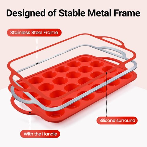 CAKETIME Silicone Mini Muffin Pan - 24-Cup BPA-Free Muffin Molds with Metal Reinforced Frame | Red, 2-Pack