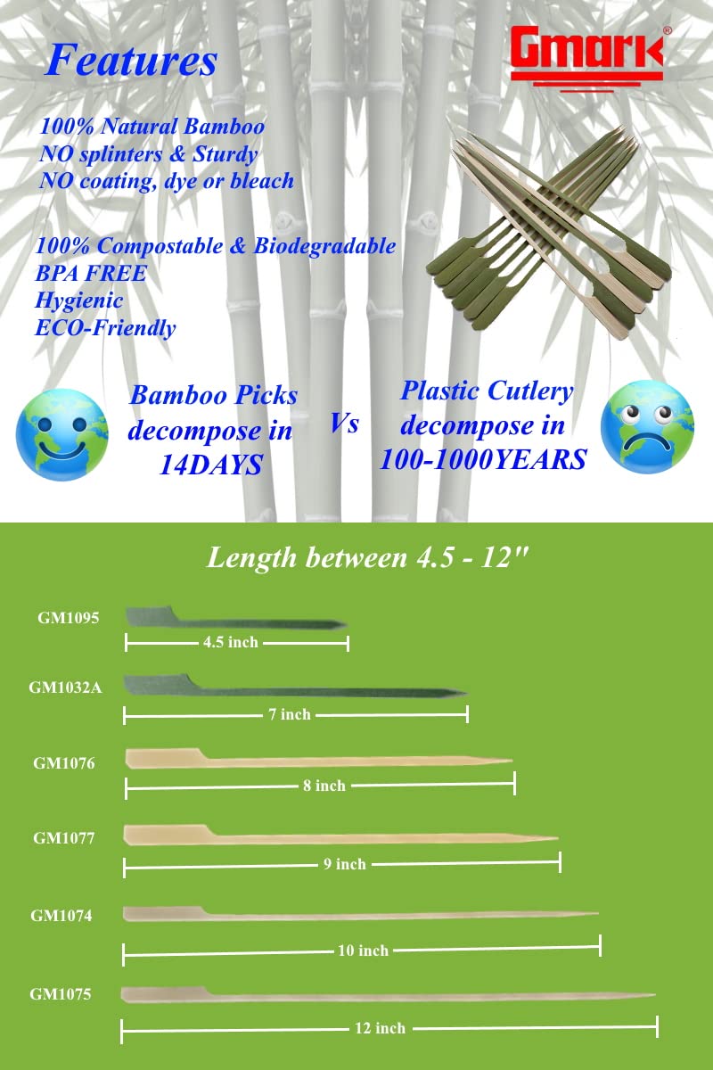 Gmark Bamboo Paddle Skewers 12" 100pc/Bag, Kabob Skewers, BBQ Skewers for Outdoor Grilling GM1075