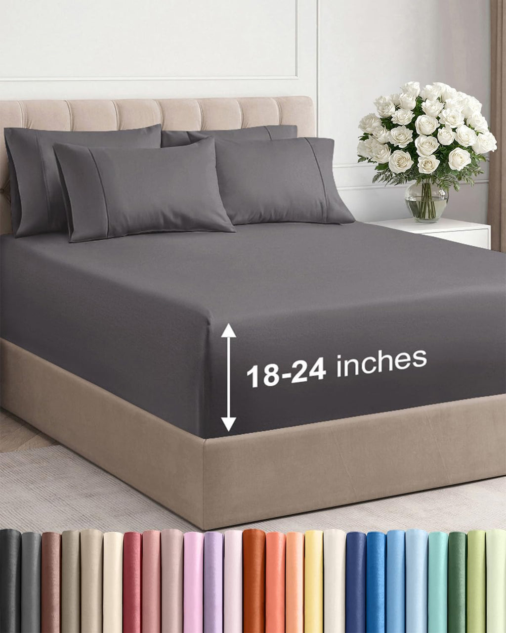 Skiennix Extra Deep King Sheet Set - 6 Piece Breathable Cooling Bedding - Soft, Wrinkle-Free Grey