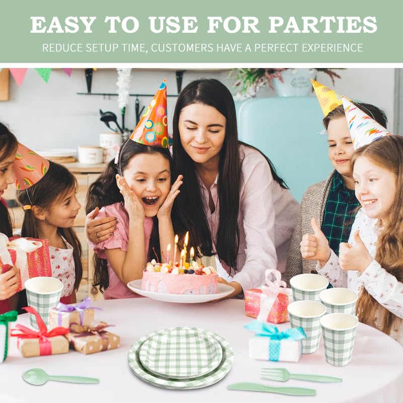 168Pcs Gingham Party Supplies for 24 Guests Thick Paper Plates and Napkins Knives Spoons Forks Cups Disposable Party Set Cutlery for Dinner Baby Shower Wedding Favor(Sage Green)