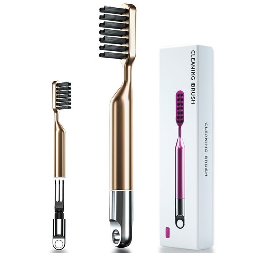 2 In 1 Hair Brush Cleaner by [Brand Name] - Nylon Bristles & 3-Pronged Rake for Easy Tangled Hair Removal - Compact Gold Design for Home & Travel