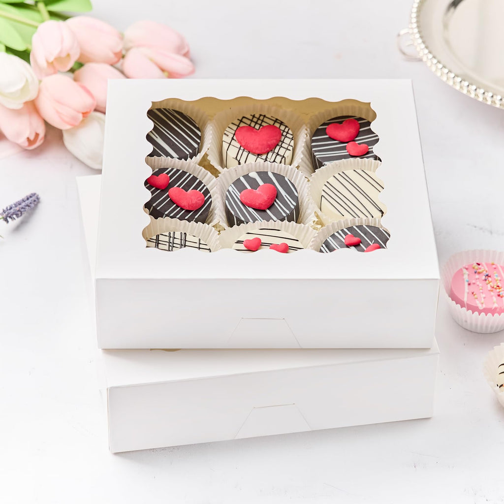 Kucoele 20 PCS Pie Boxes, 9 x 9 x 2.5 Inches Bakery Boxes with Window, Auto-Popup Cookie Boxes White Treat Boxes for Chocolate Strawberries, Pastries, Muffins, Donuts