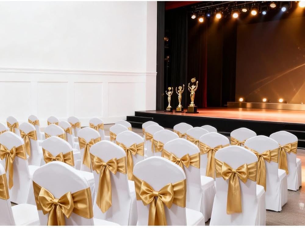 Skiennix Satin Chair Sashes Bows - 7x108 Inch Gold Ties for Weddings & Events | 50 Pack