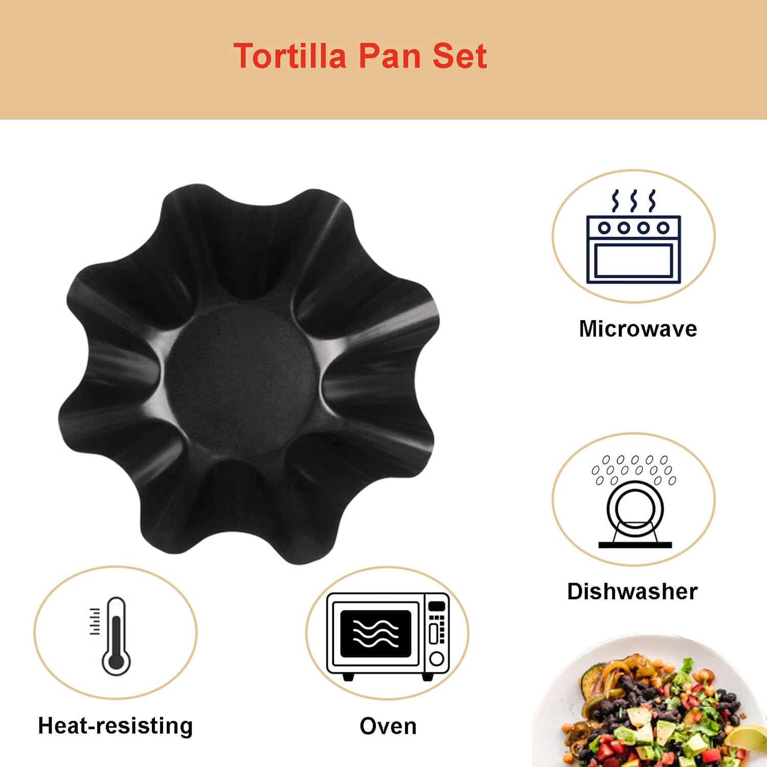 Skiennix Tortilla Pan Set - 4-Piece Non-Stick Carbon Steel Taco Bowl Makers | Black Flower-Shaped Molds (16.5x7.5x6cm)