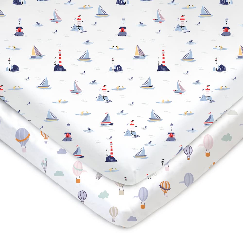 TotAha Premium Stretchy Pack N Play Playard Sheets - Hypoallergenic, Silky Soft Jersey-Knit (2-Pack, 38" x 24", Balloon & Sailboat)