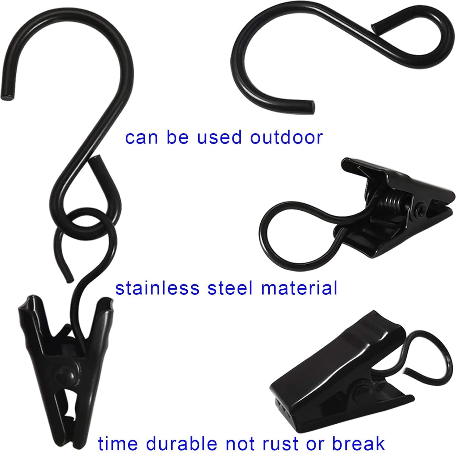 Skiennix Stainless Steel S Hooks - 50 Pack Hanging Clips for Lights & Crafts | 2.4 Inch, Black