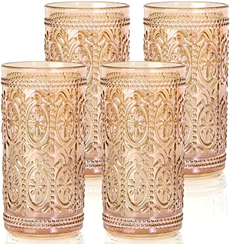Amber 12oz Vintage Highball Glasses Set of 4 | Heavy-Duty Lead-Free Drinking Glassware
