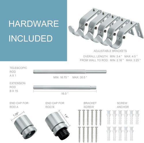 Byondeth Adjustable Curtain Rods - 16 to 240 Inches, 1-Inch Diameter, Silver Gray with Aluminum End Caps