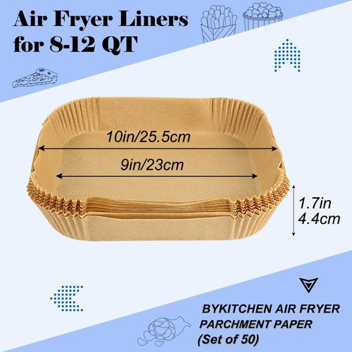 BYKITCHEN Large Air Fryer Liners - 10 Inch Square Parchment Paper for Easy Cooking | Set of 50