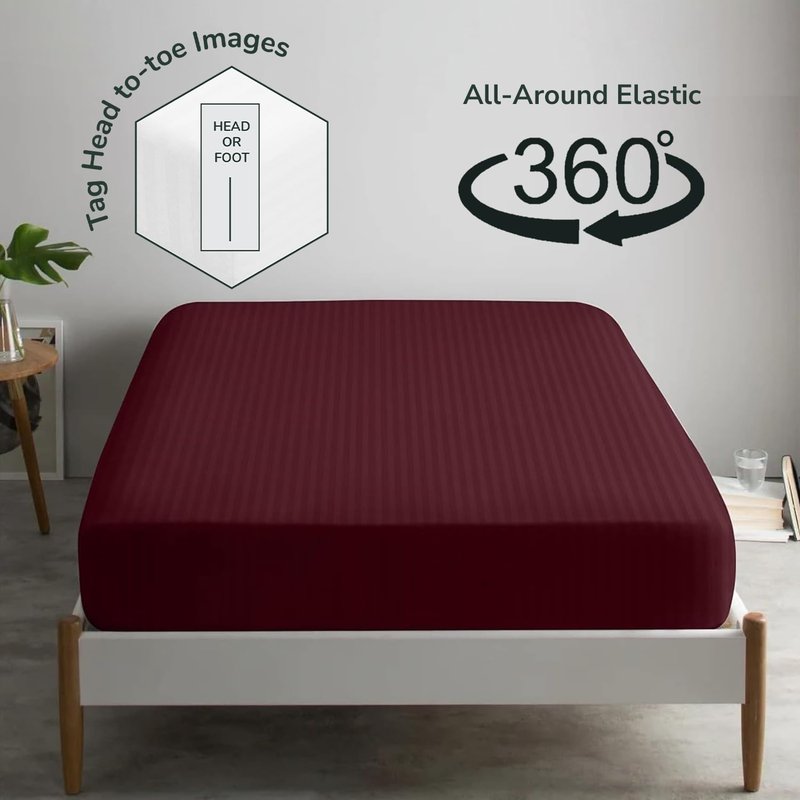 Feather & Stitch 1 Piece Fitted Sheet Full Size, 100% Cotton Damask Sateen Weave, Striped Breathable, Stretchable Elastic Sheet for Mattress 18 inch Deep Pocket, 500TC Premium Ultra Soft - Burgundy