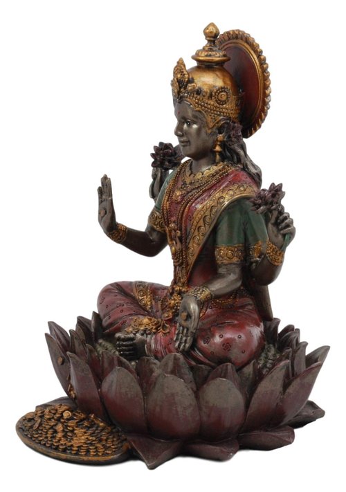 Ebros Beautiful Hindu Goddess Lakshmi Seated On Lotus Flower Statue 6.25" Tall Eastern Enlightenment Resin Altar Decor Figurine