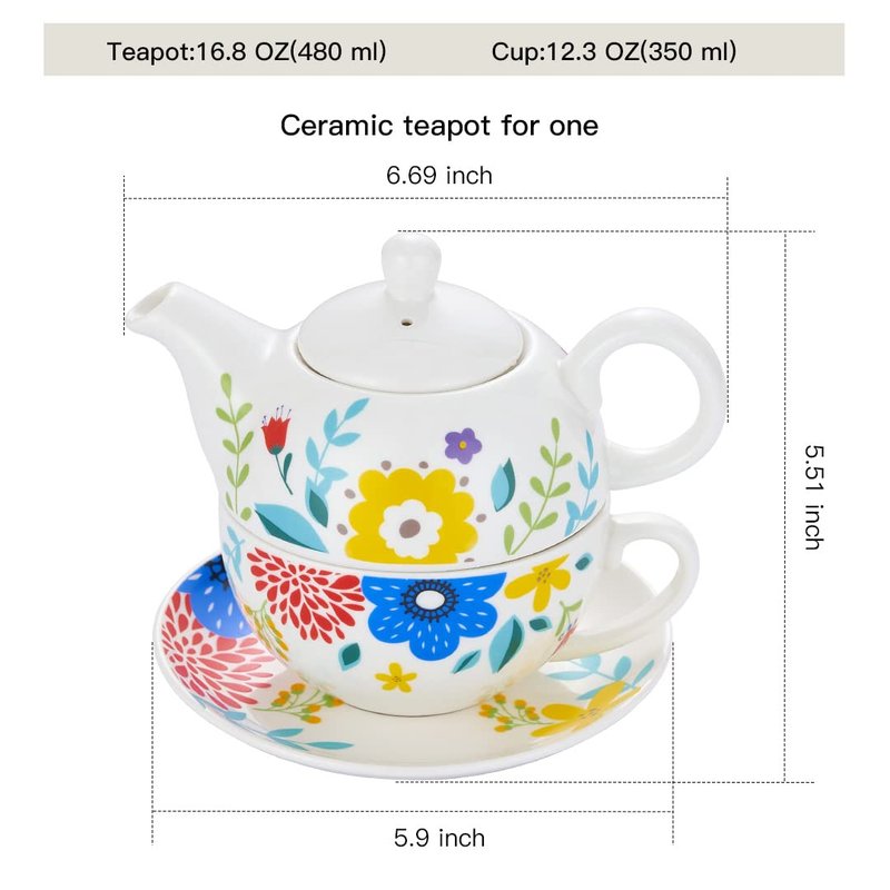 CHILDIKE Tea for One Set, Porcelain Teapot for One and Cup Set, Tea Set for One, Floral Tea Set for Gift, Women, Garden Spring