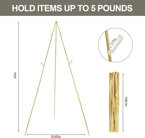 DANMO Adjustable Metal Art Easel Stand - 63'' Floor Display for Wedding Signs & Posters - Gold